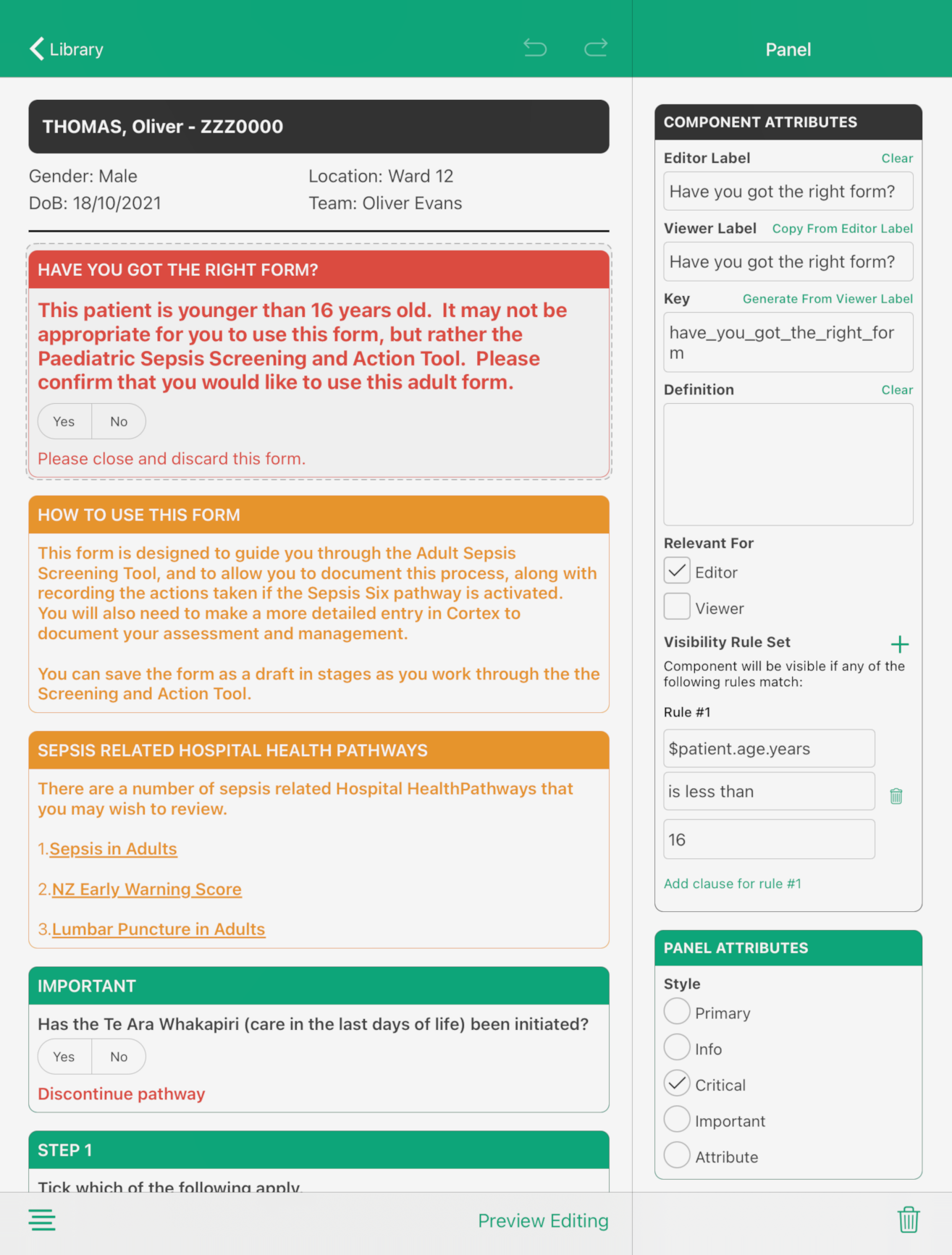 The Cortex Designer rule editor, with a visibility rule showing a warning when a patient is under 16