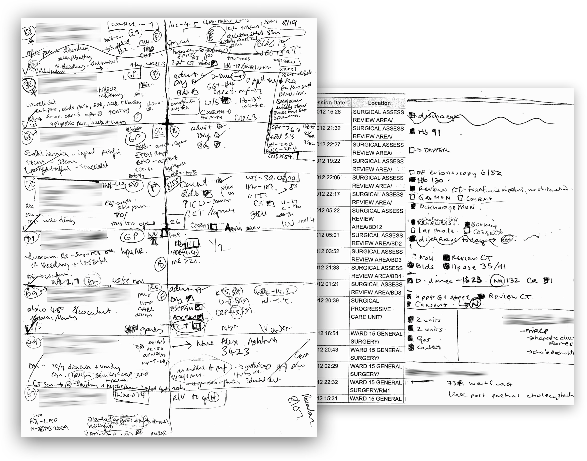 Real ward round paperwork: handwritten patient scribbles and an annotated printed list, details redacted