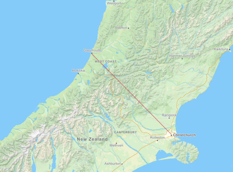 Map of the central South Island with a line linking Greymouth on the West Coast to Christchurch across the Southern Alps